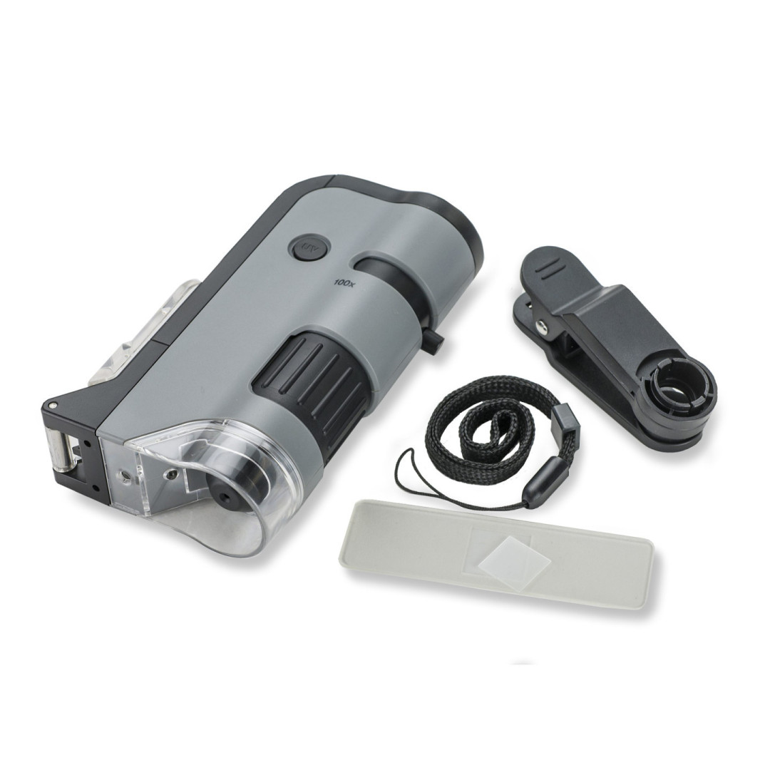 Mikroskop Carson MicroFlip™ 100x250x LED UV s klipem na chytrý telefon